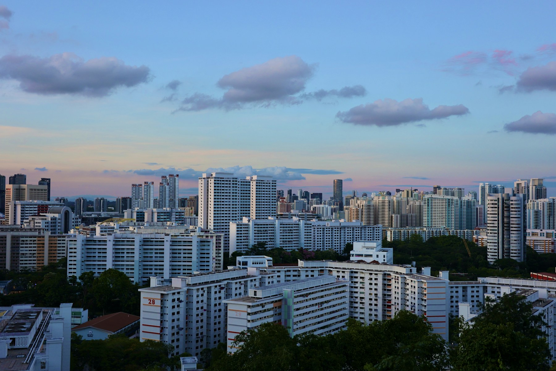 Singapore homes and city skyline beneath an evening sky
